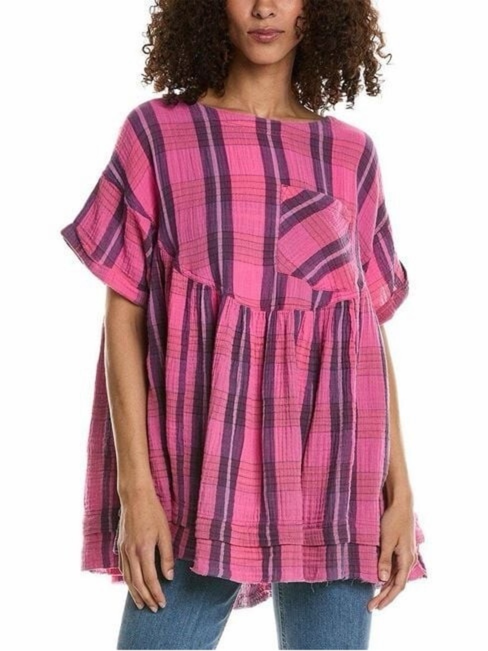 Free People Pink & Purple Plaid Short-Sleeve Tunic